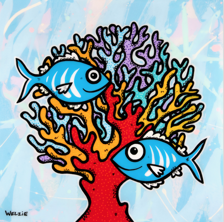A dense, colorful coral reef scene bursting with rainbow-hued fish — aluminum reproduction by Maui artist Welzie