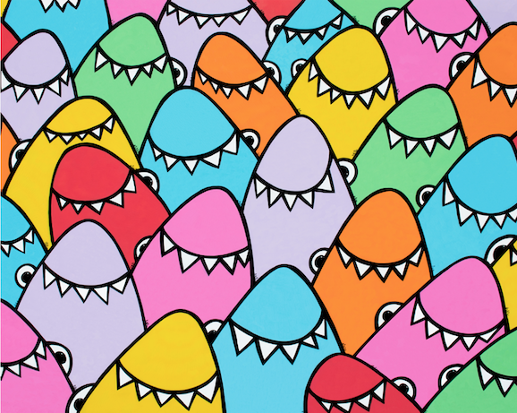 A group of sharks in rainbow colors, playful birthday-themed scene — aluminum reproduction by Maui artist Welzie