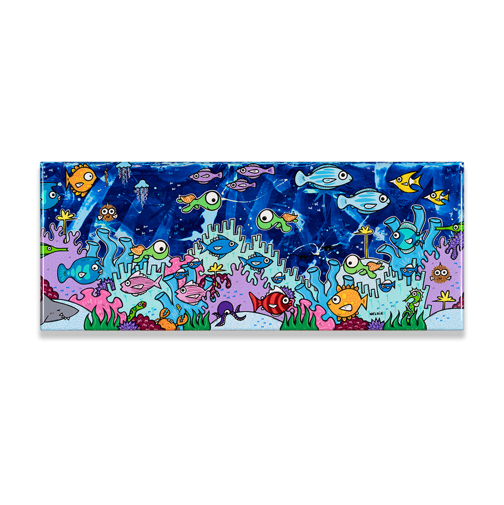 24x60 horizontal piece with a dark blue background and a coral reef skyline, featuring four turtles as the main composition alongside other sea creatures — original artwork by Maui artist Welzie