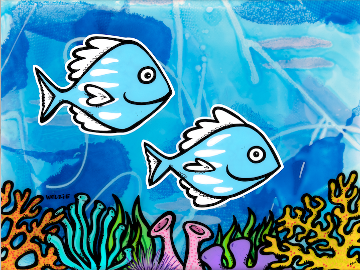 Two reef characters paired together over coral, a playful date scene — aluminum reproduction by Maui artist Welzie