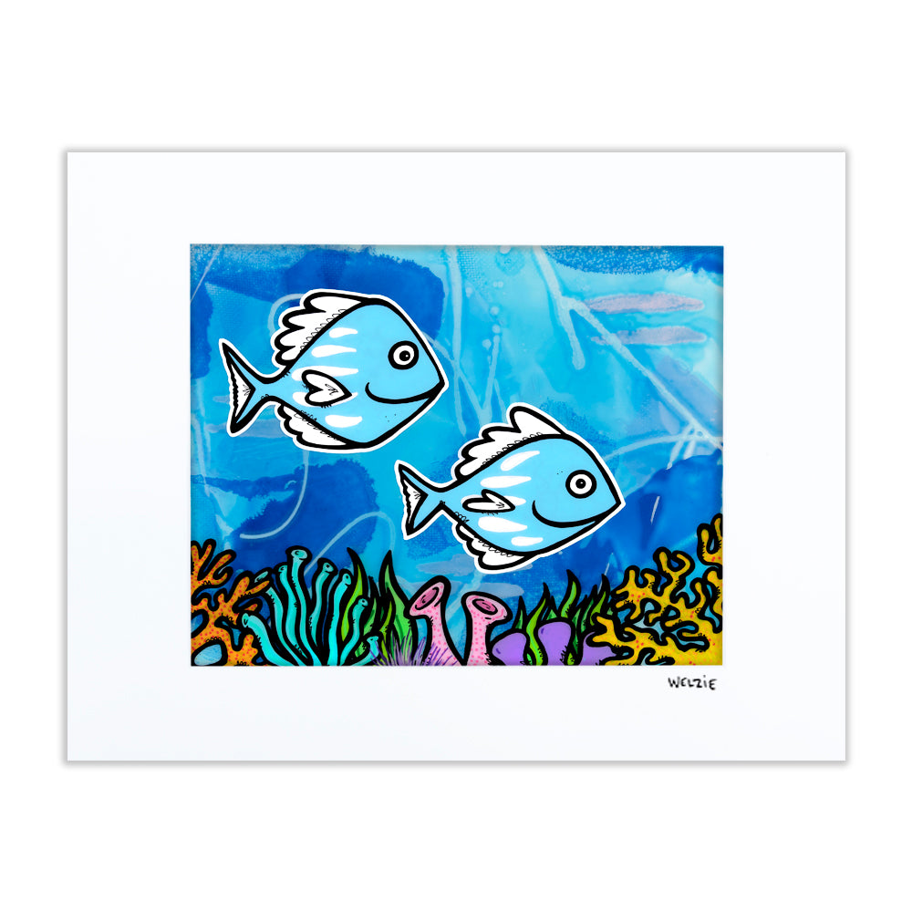 Two reef characters paired together over coral, a playful date scene — matted fine art print by Maui artist Welzie