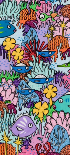 A wide, richly detailed coral reef scene filled with fish — aluminum reproduction by Maui artist Welzie