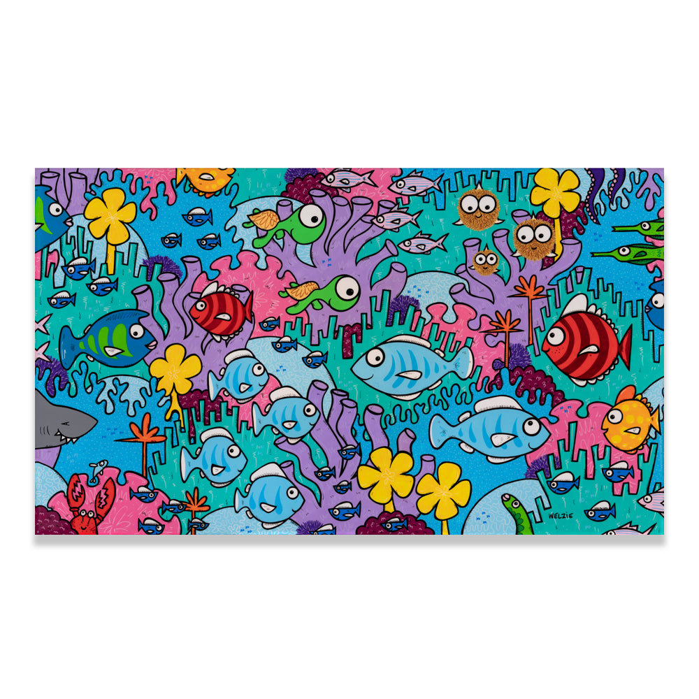 A vibrant, densely packed coral reef scene teeming with sea life — aluminum reproduction by Maui artist Welzie