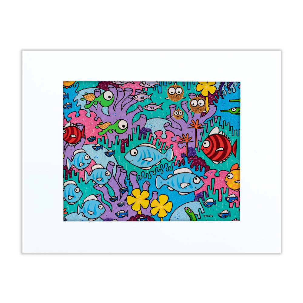 A vibrant, densely packed coral reef scene teeming with sea life — matted fine art print by Maui artist Welzie