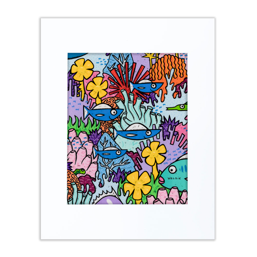 A wide, richly detailed coral reef scene filled with fish — matted fine art print by Maui artist Welzie