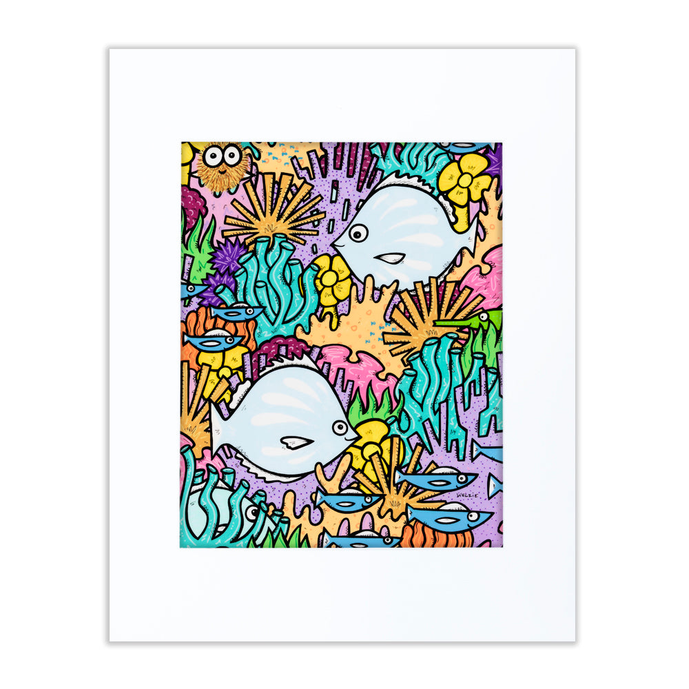 A busy school of fish swimming together in a dynamic pattern — matted fine art print by Maui artist Welzie