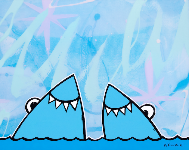 Two shark characters paired together in a playful date scene — aluminum reproduction by Maui artist Welzie