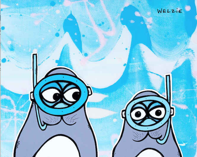 Playful seal characters with goofy, expressive faces — aluminum reproduction by Maui artist Welzie