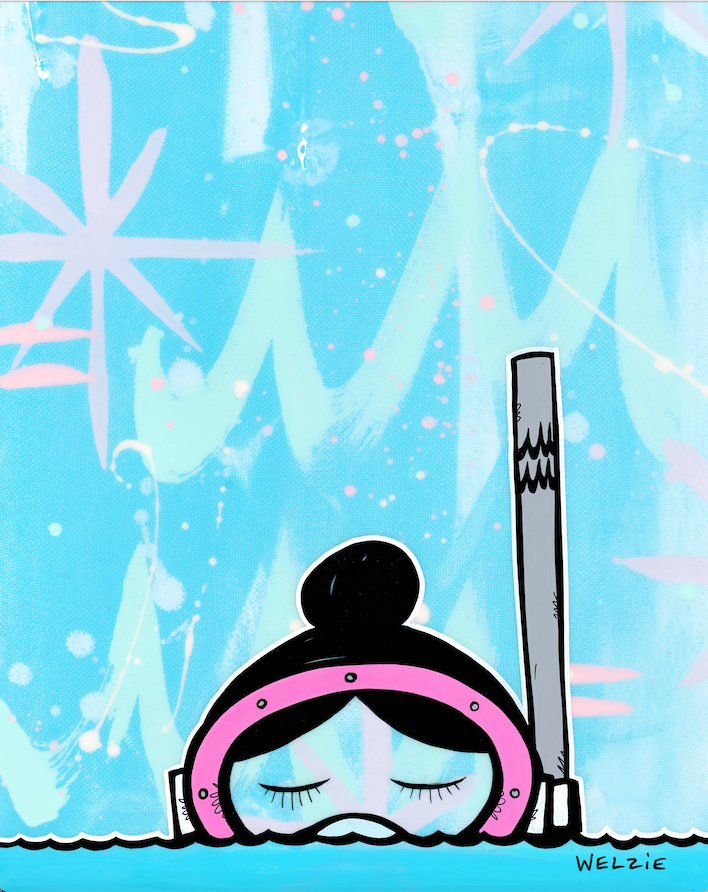 A character wearing a snorkel mask, playful portrait style — aluminum reproduction by Maui artist Welzie