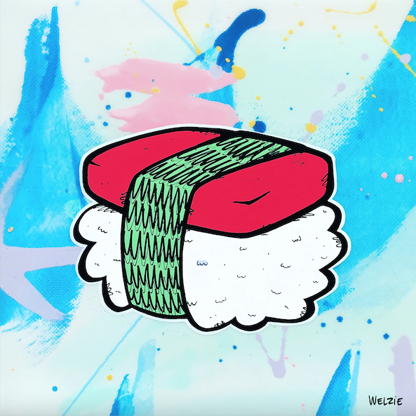 A Spam musubi illustrated in bold, playful pop-art style — aluminum reproduction by Maui artist Welzie