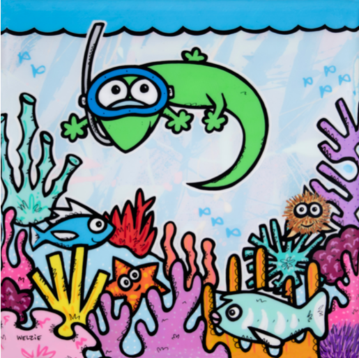 Playful characters swimming together in a bright summer scene — aluminum reproduction by Maui artist Welzie