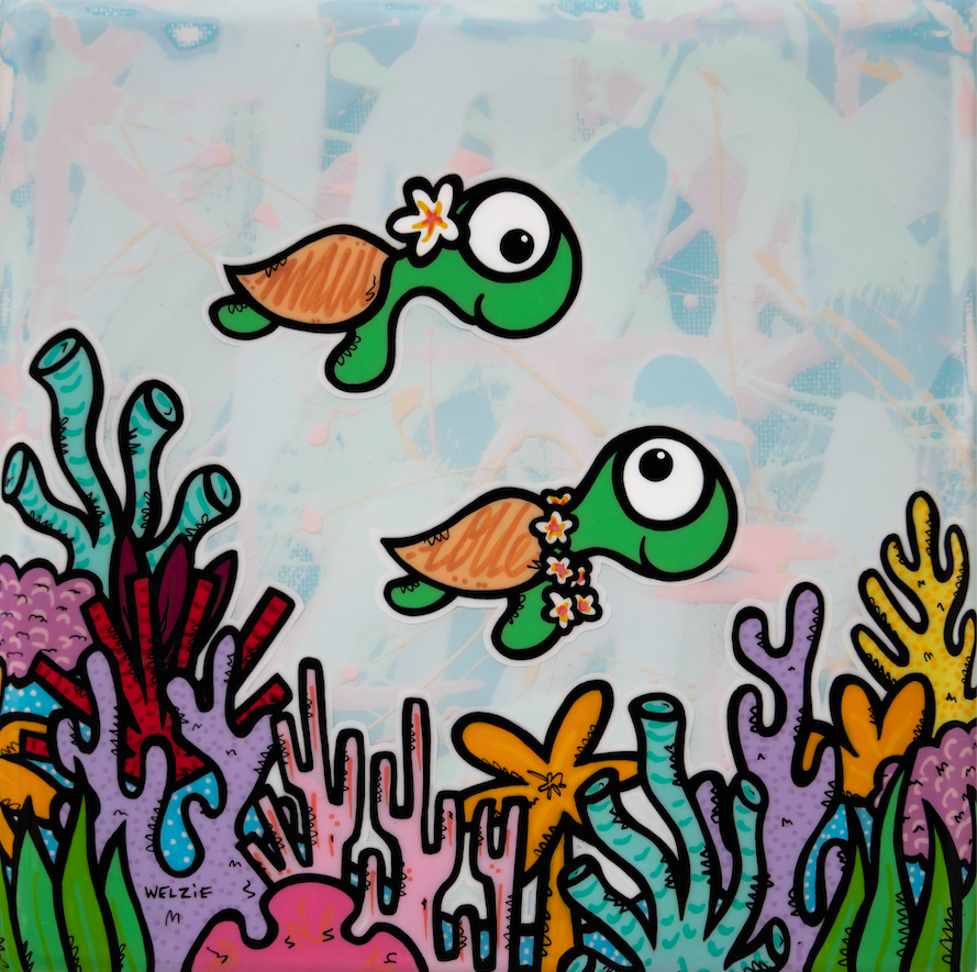 A character swimming toward a bright tropical paradise scene — aluminum reproduction by Maui artist Welzie