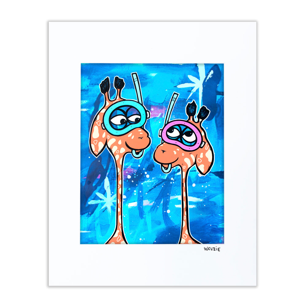 Snorkeling characters swimming among colorful reef life, safari-style scene — matted fine art print by Maui artist Welzie