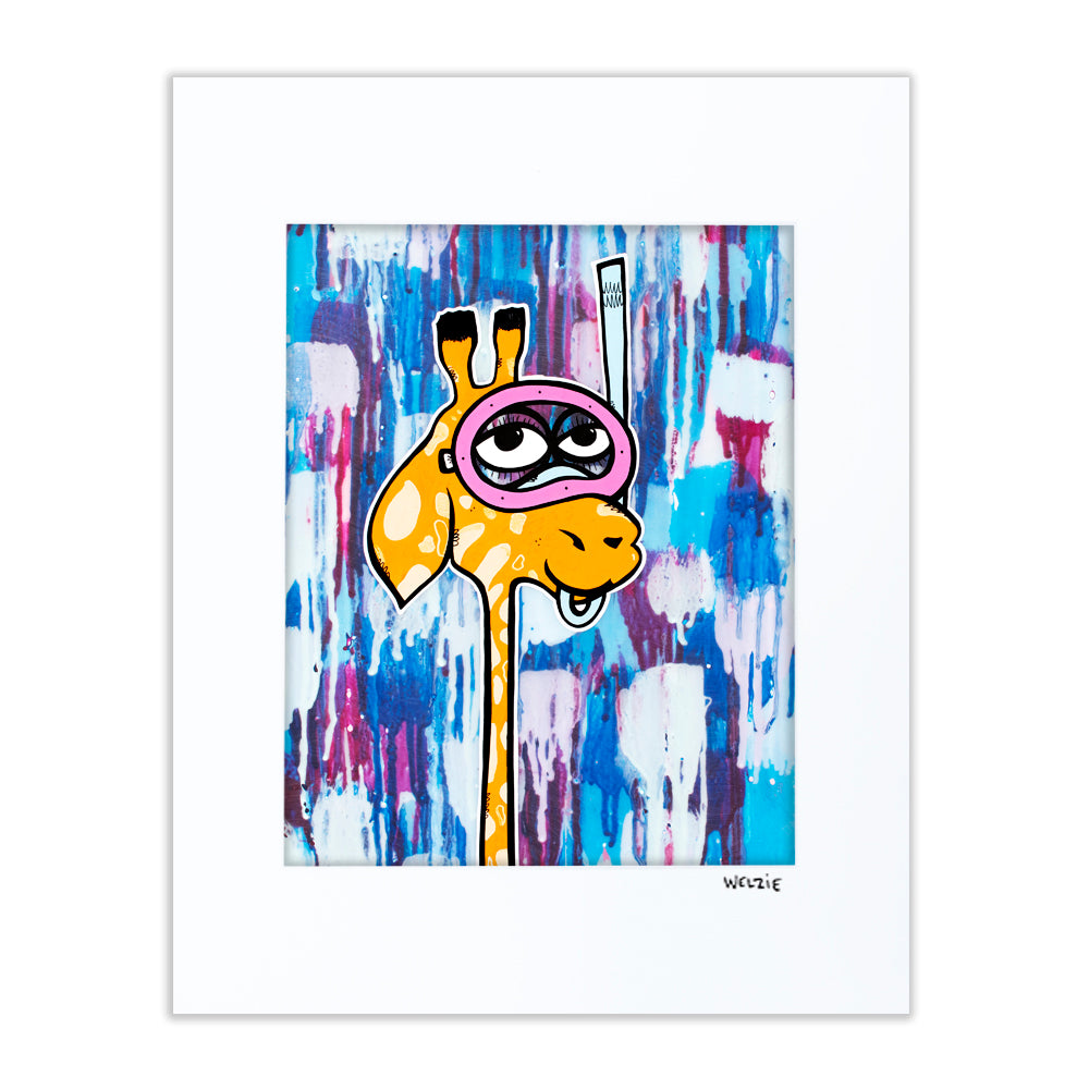 A character on a playful ocean safari adventure — matted fine art print by Maui artist Welzie