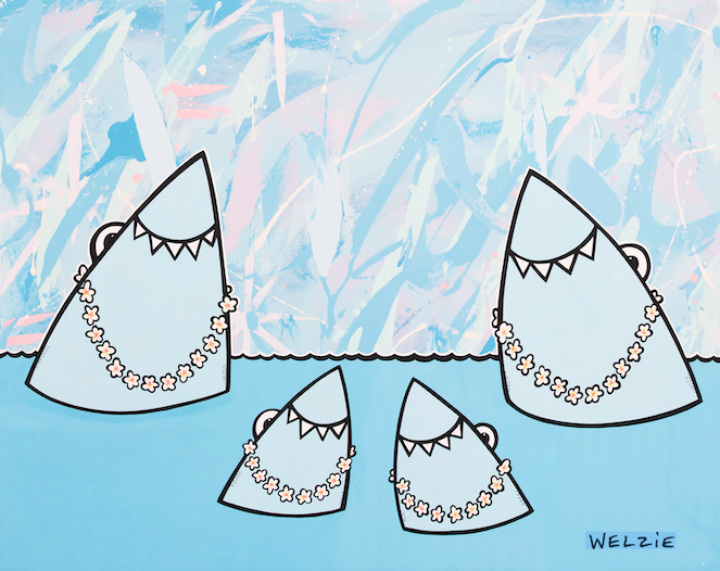 Playful shark characters striking a pose for the camera, bright and fun — aluminum reproduction by Maui artist Welzie