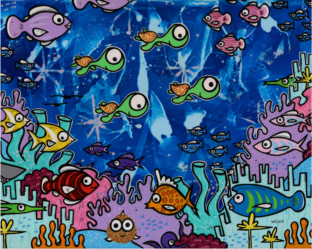 Colorful underwater scene with various fish and sea creatures on a blue background