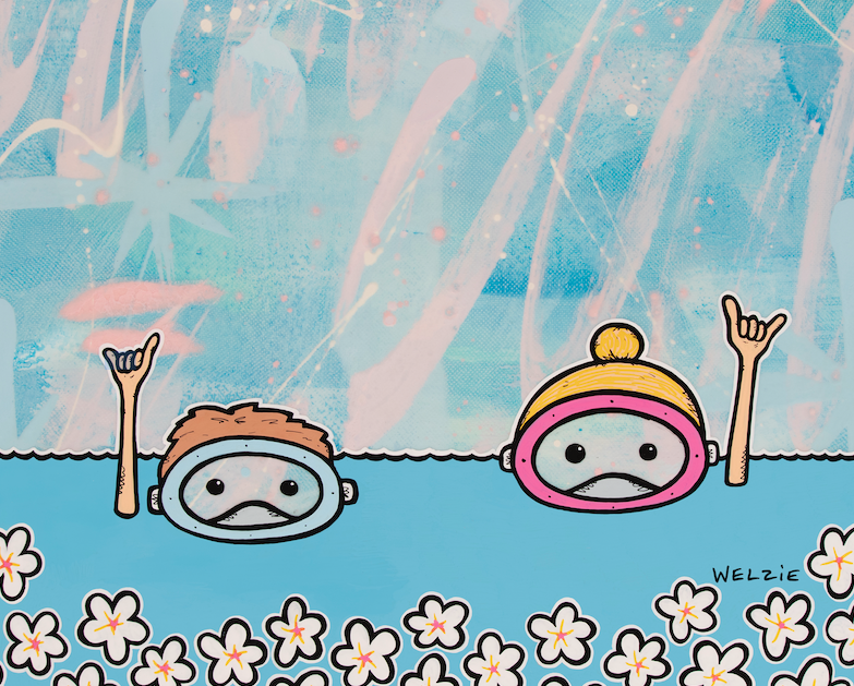 A cheerful underwater scene packed with playful sea life — aluminum reproduction by Maui artist Welzie