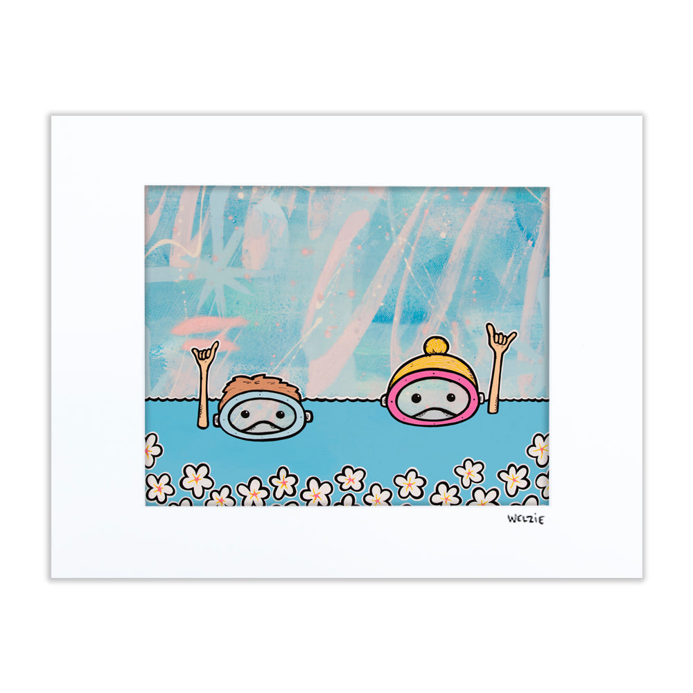 A cheerful underwater scene packed with playful sea life — matted fine art print by Maui artist Welzie