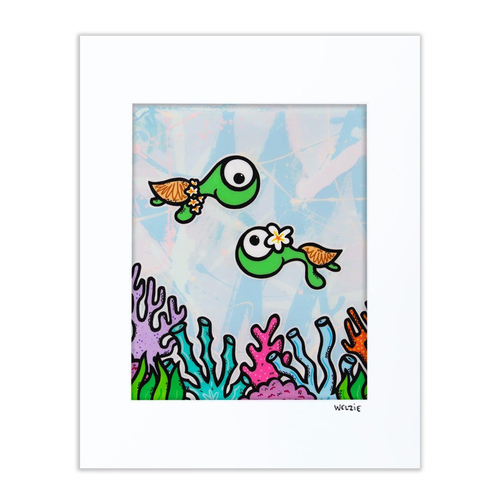 Playful sea creatures swimming together in a colorful reef scene — matted fine art print by Maui artist Welzie
