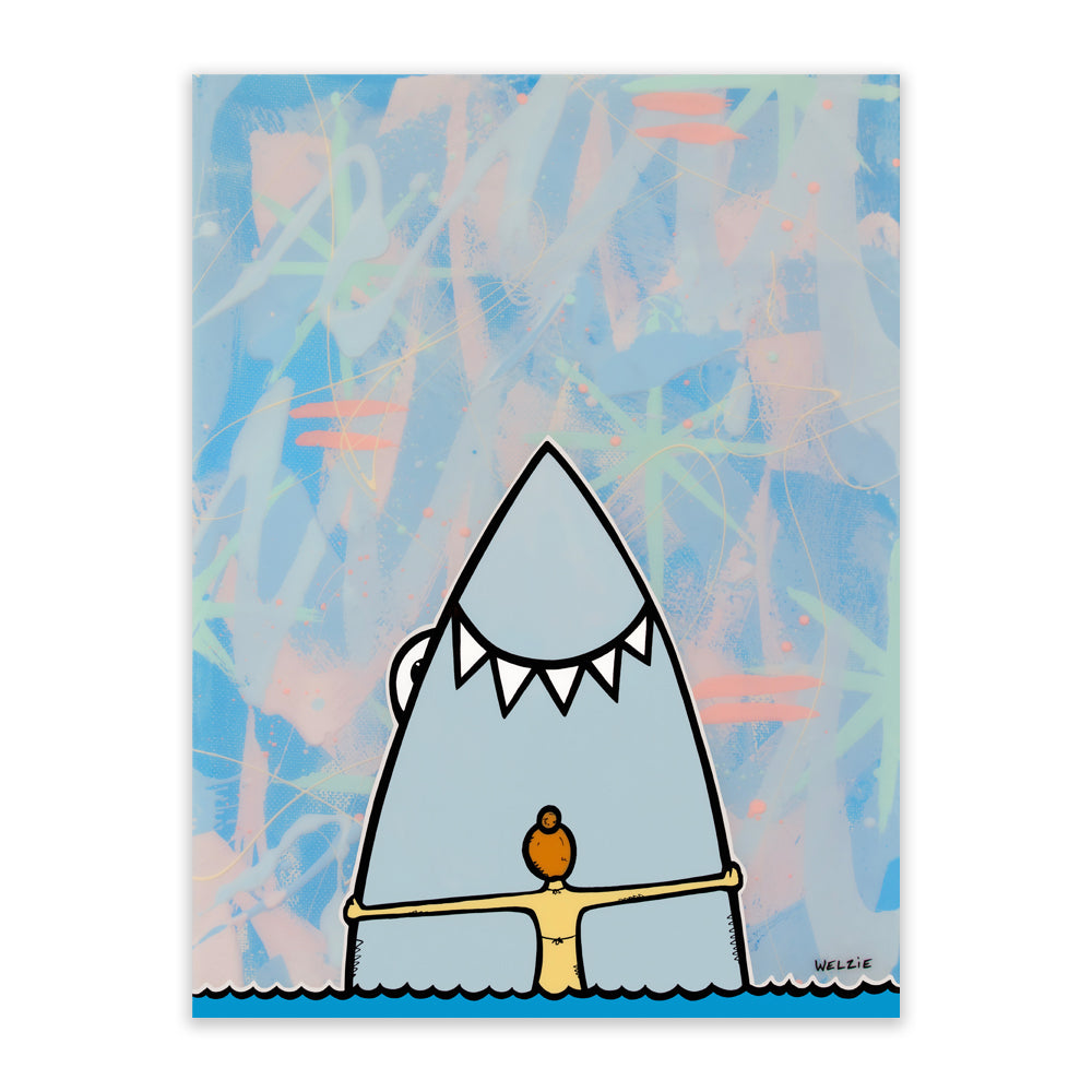 A square art print featuring a cartoon shark with a small figure of a person inside it, set against an abstract blue, pink, and light blue background with paint-like strokes.