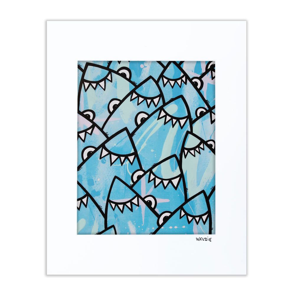 A group of shark characters swimming together in a lively pattern — matted fine art print by Maui artist Welzie