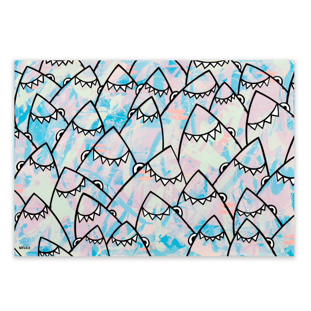 A rectangular art featuring a repeating pattern of cartoon shark heads outlined in black over a pastel marbled background of light blue, pink, and white, shown against a plain white background.