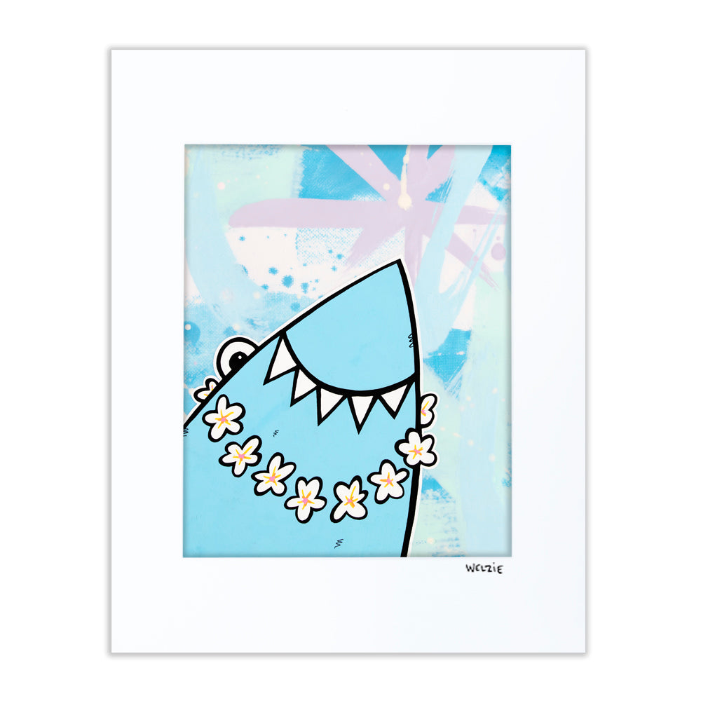 A shark character on a tropical vacation, playful and colorful — matted fine art print by Maui artist Welzie