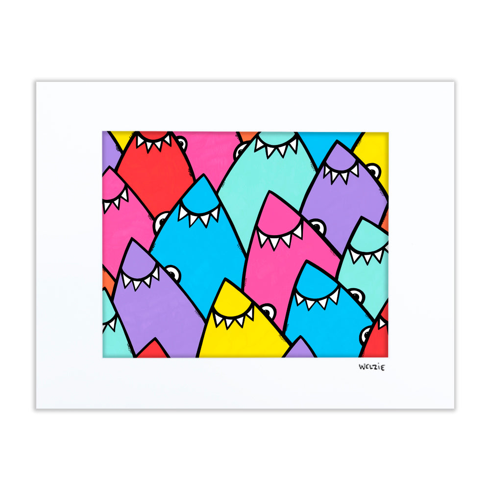 A smiling shark character with a friendly, cartoonish expression — matted fine art print by Maui artist Welzie
