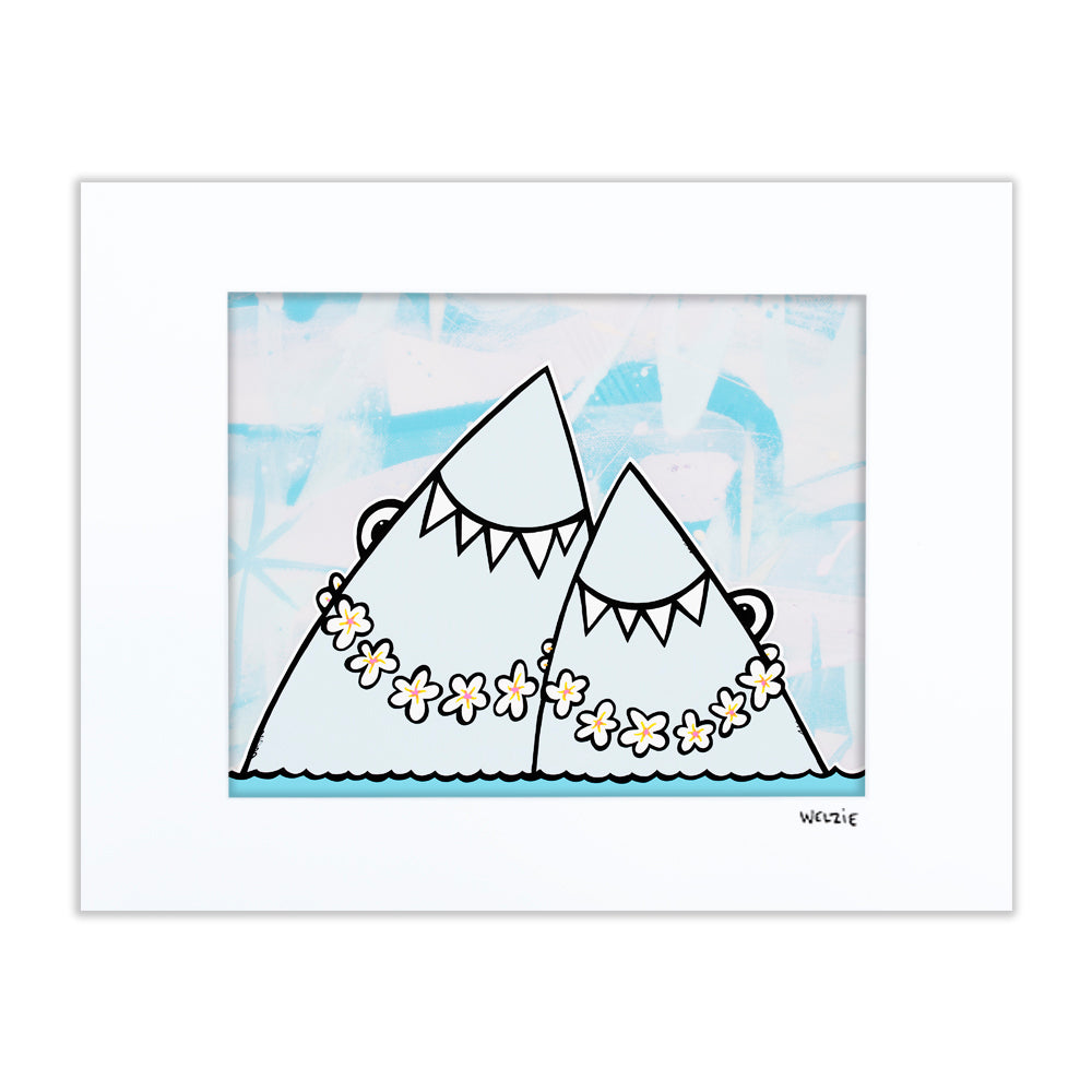 Two shark characters facing each other nose to nose — matted fine art print by Maui artist Welzie