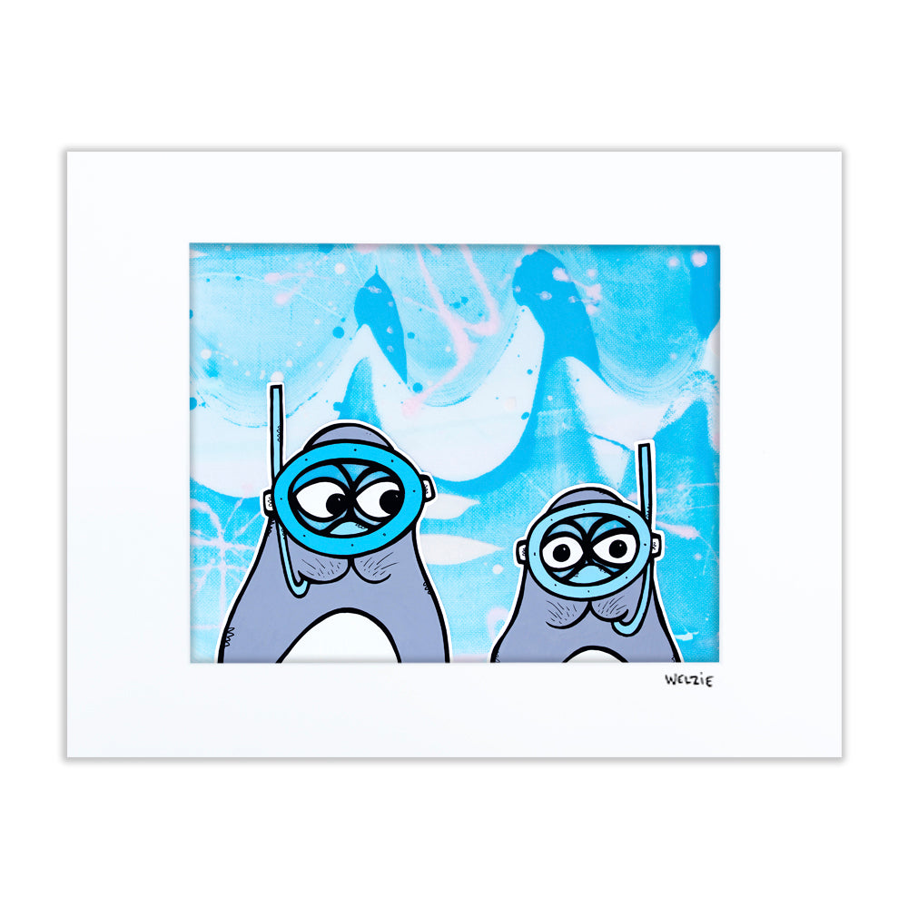 Playful seal characters with goofy, expressive faces — matted fine art print by Maui artist Welzie