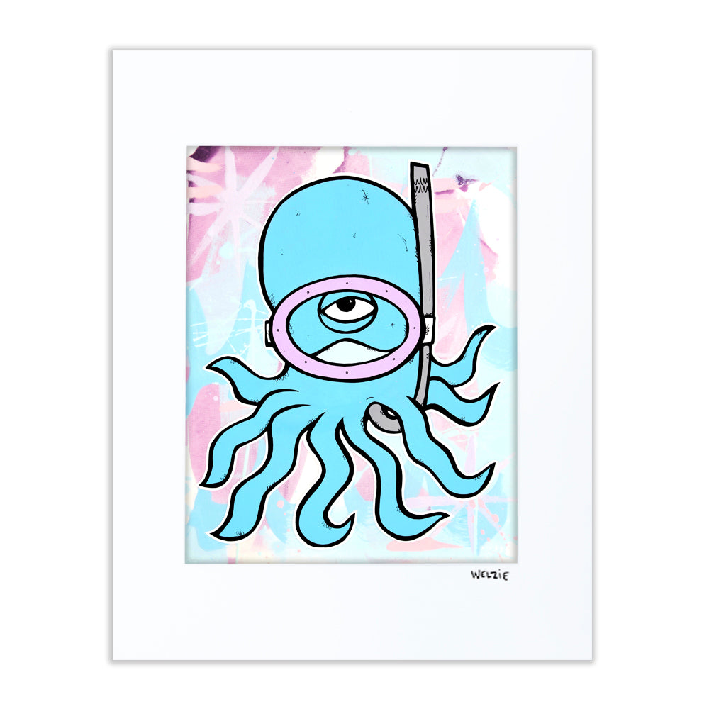An octopus character wearing a snorkel mask — matted fine art print by Maui artist Welzie