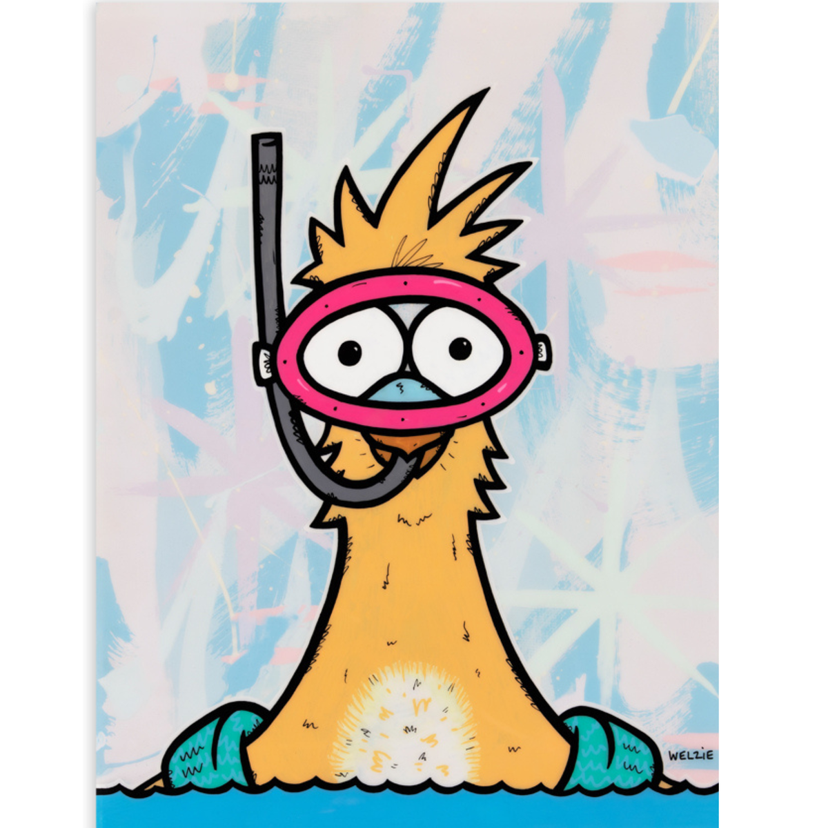 A stylized cartoon illustration of a yellow bird-like character wearing a pink snorkel mask and black snorkel, standing in blue water against a pale abstract background. The artwork appears to be the product itself rather than a photo of a physical object in a room, so this fits Scenery per the schema for art/prints/posters where the depicted scene is the product.