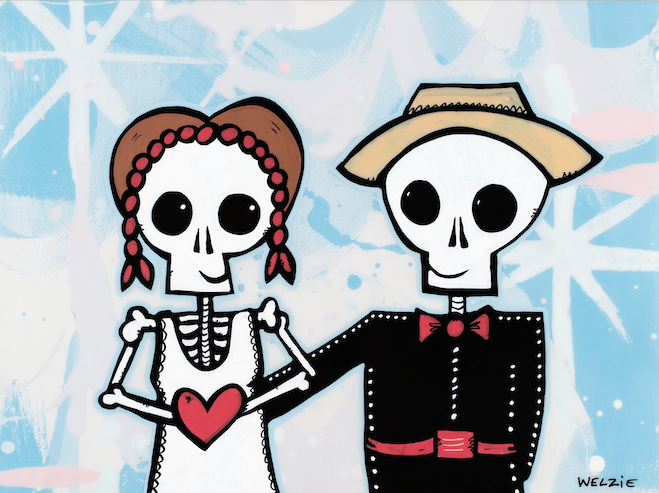 A Day of the Dead-style skeleton couple, romantic theme — aluminum reproduction by Maui artist Welzie
