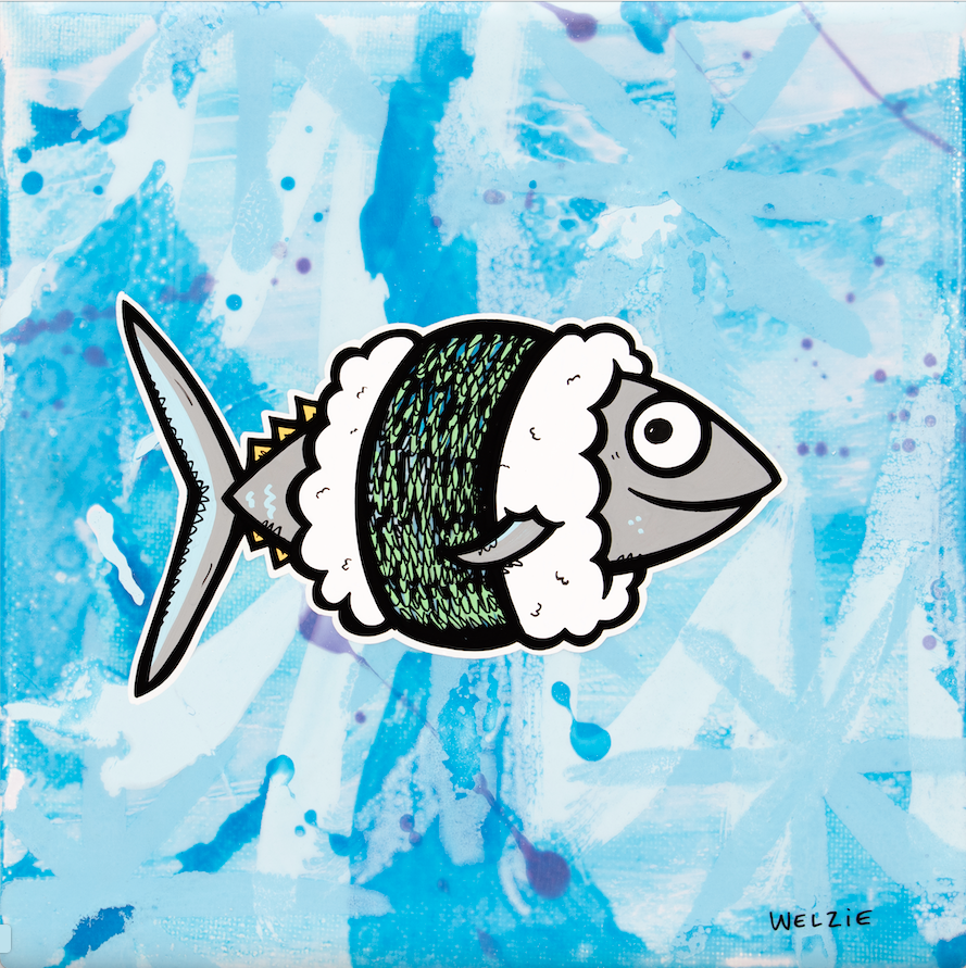 A tuna sushi roll illustrated in bold, colorful pop-art style — aluminum reproduction by Maui artist Welzie