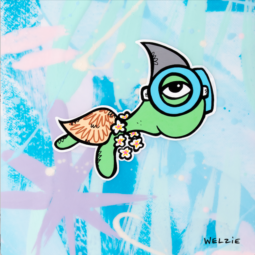 A turtle and shark character together, playful pairing — aluminum reproduction by Maui artist Welzie