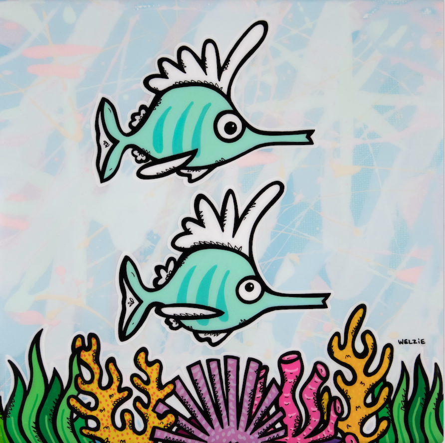 Two fish swimming together over a colorful coral reef — aluminum reproduction by Maui artist Welzie