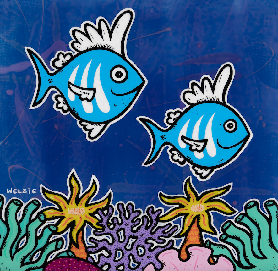 A dreamy, colorful underwater scene filled with sea life — aluminum reproduction by Maui artist Welzie