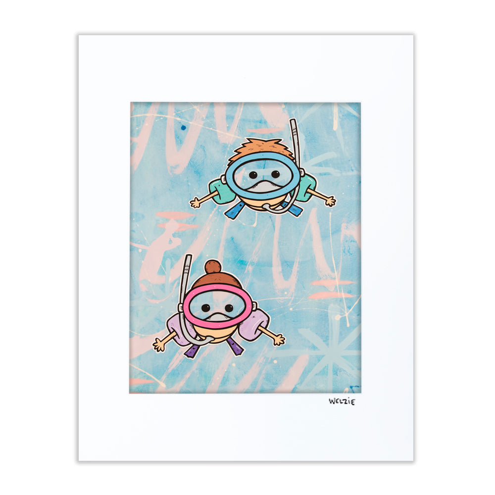 A relaxed character enjoying a tropical vacation scene — matted fine art print by Maui artist Welzie