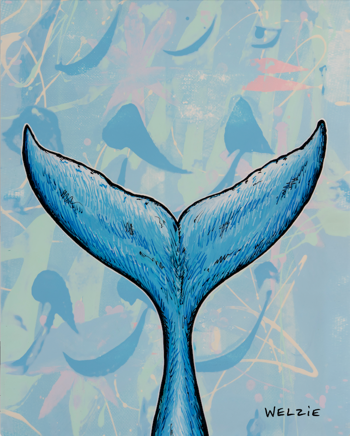 A blue whale tail diving into abstract turquoise water — original artwork by Maui artist Welzie