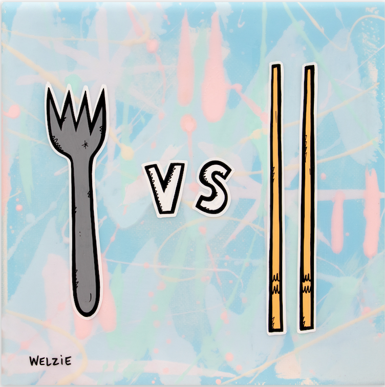 A fork and chopsticks illustrated side by side, playful comparison — aluminum reproduction by Maui artist Welzie