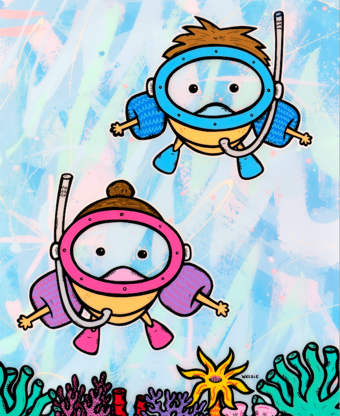 Two round snorkeling characters with masks swimming over a colorful coral reef — aluminum reproduction by Maui artist Welzie