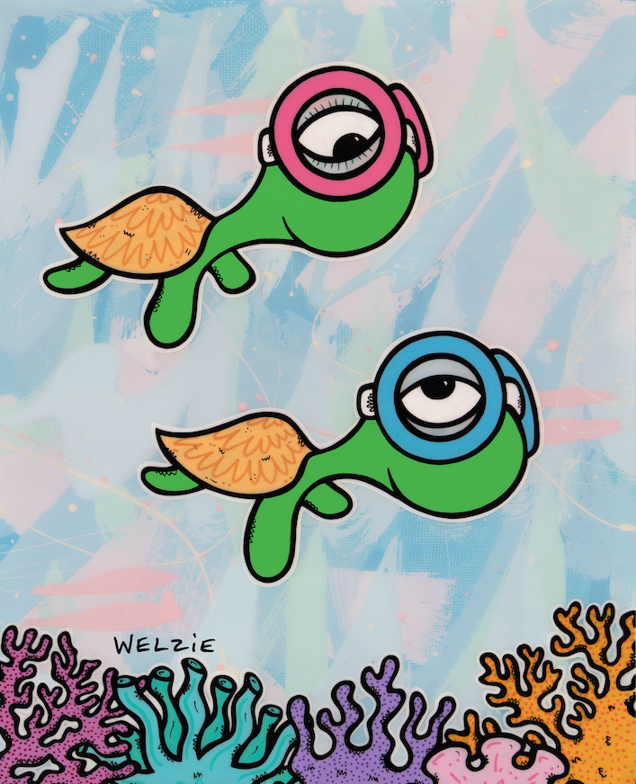 Two green turtle characters wearing snorkel masks over a colorful coral reef — aluminum reproduction by Maui artist Welzie