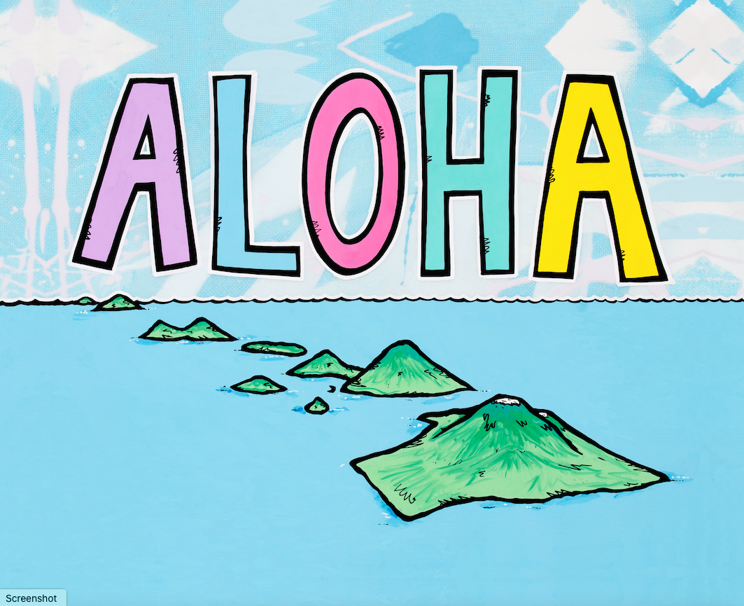 "ALOHA" lettered in pink, blue, and yellow over an island silhouette — aluminum reproduction by Maui artist Welzie