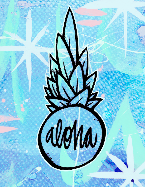 Pineapple illustration with "aloha" lettering on a blue background — aluminum reproduction by Maui artist Welzie