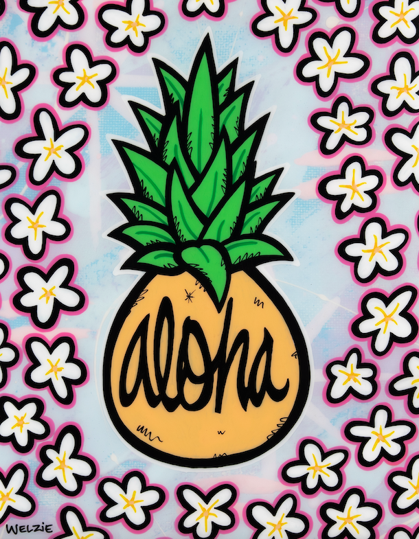 Pineapple with "aloha" lettering, framed by a border of white plumeria flowers — aluminum reproduction by Maui artist Welzie