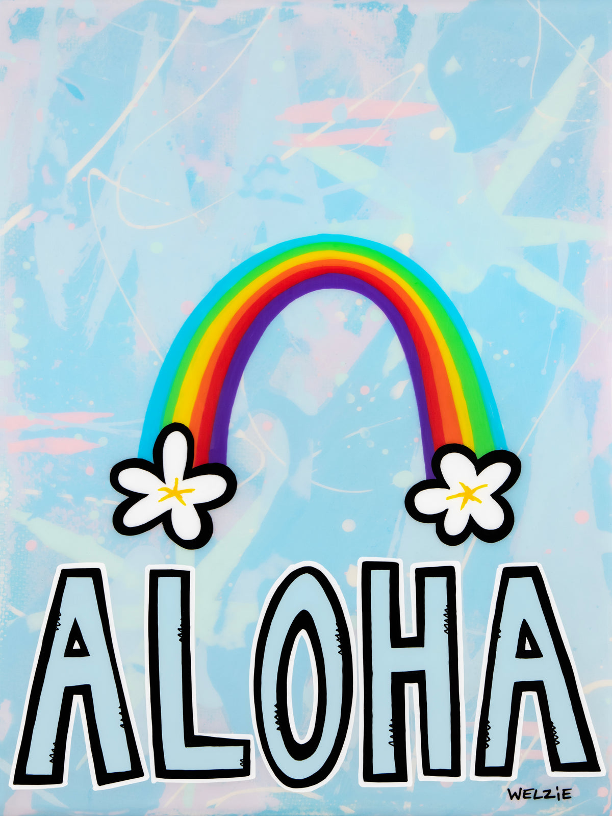 Rainbow arching over "ALOHA" lettering with white plumeria flowers — aluminum reproduction by Maui artist Welzie