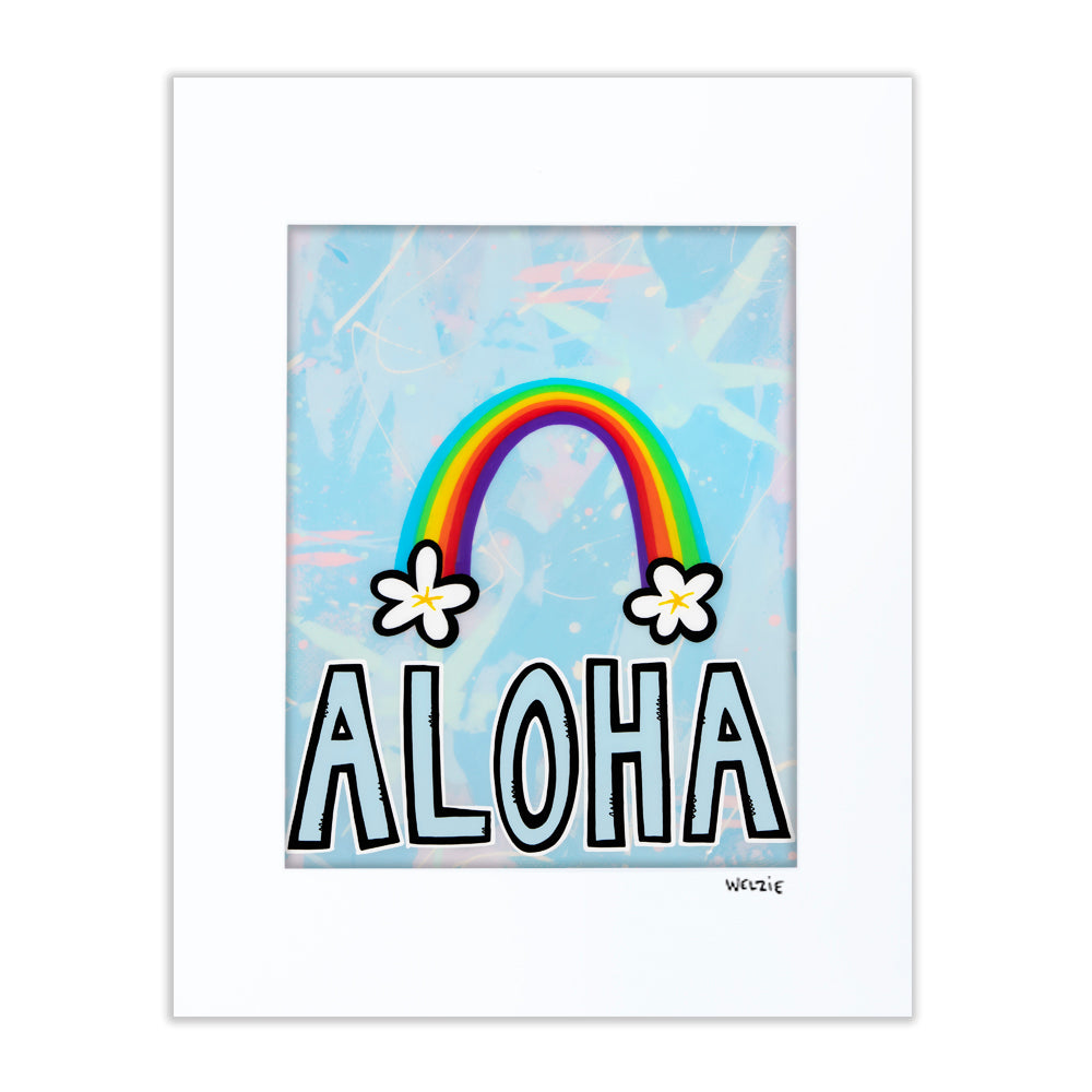 Rainbow arching over "ALOHA" lettering with white plumeria flowers — matted fine art print by Maui artist Welzie