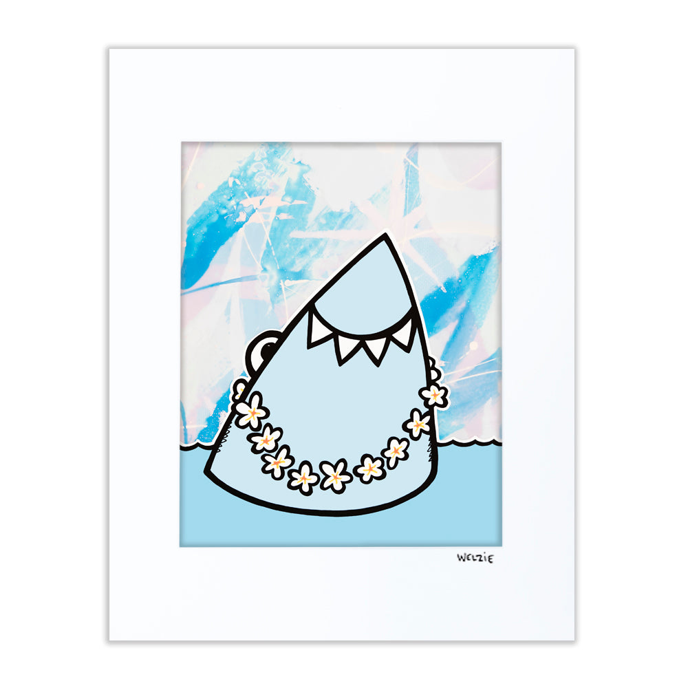 Shark silhouette wearing a white flower lei around its jaw — matted fine art print by Maui artist Welzie