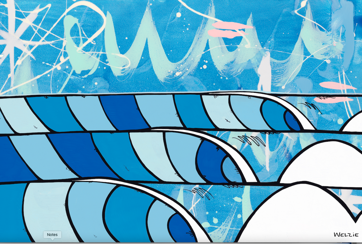 Stylized layered blue wave pattern in a graphic surf-art style — aluminum reproduction by Maui artist Welzie