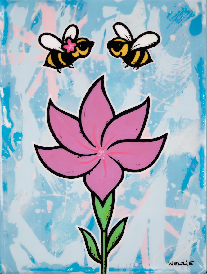 Pink flower with two bees, bold outline illustration — aluminum reproduction by Maui artist Welzie